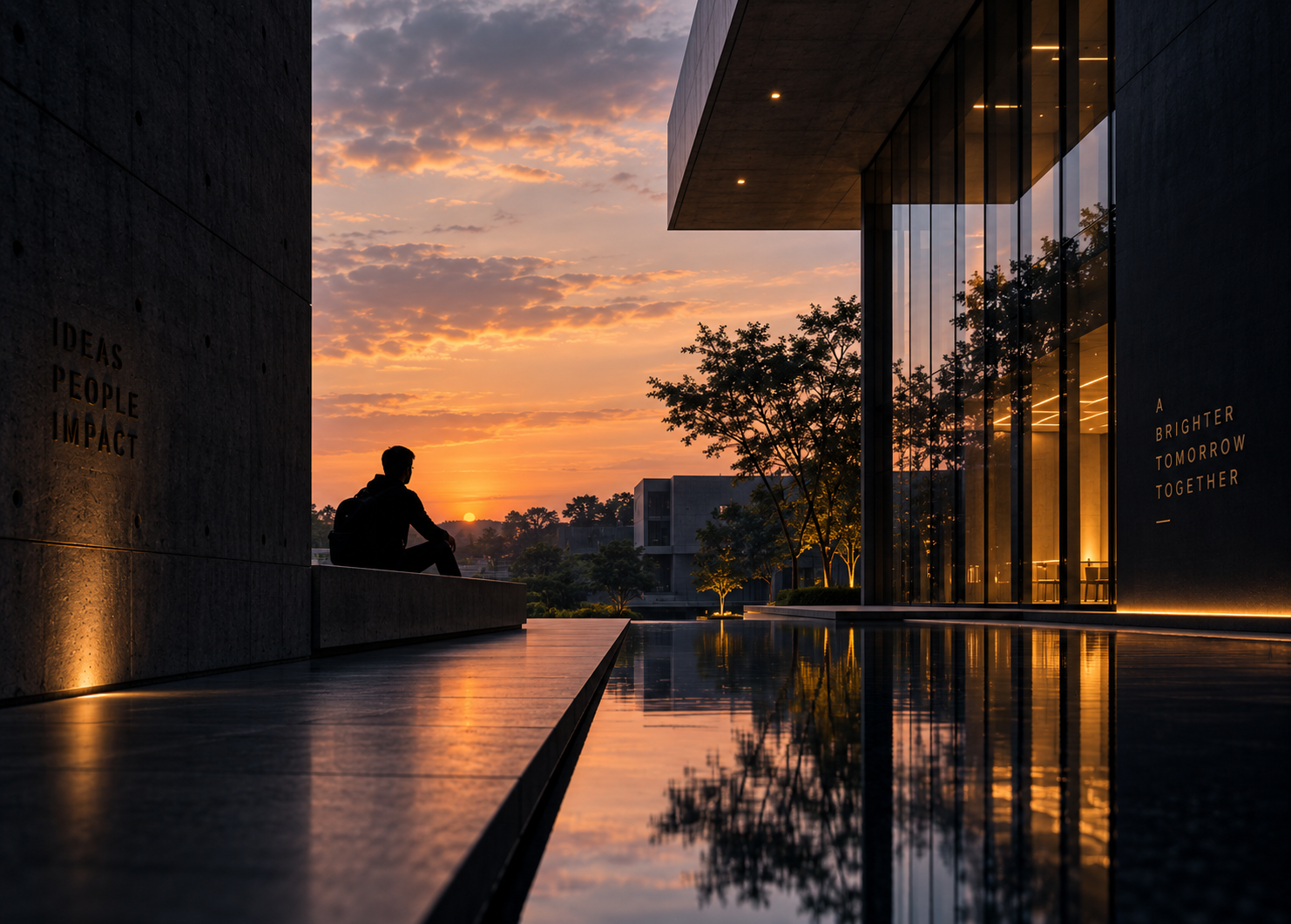 Sunset over a campus courtyard with a student seated beside a reflecting pool